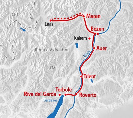 Zeichnung einer Route, dir bon Laas zum Gardasee führt