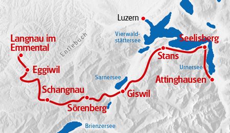 Trans Swiss Langau Route in roter Farbe auf der Karte markiert.