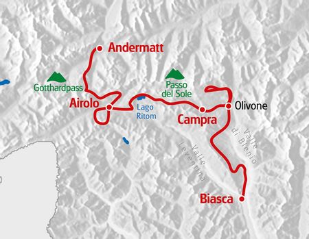 Gottardo-Bike Tour in rot auf der Karte markiert