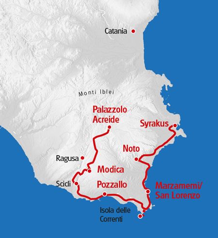 Sizilien Südost Route in roter Farbe auf der Karte markiert.
