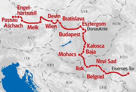 Kartenübersicht von der Eurotrek-Reise Donauerlebnis.