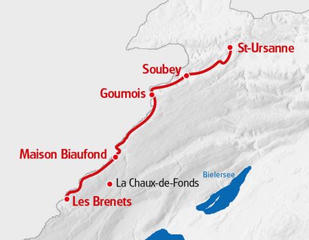 Karte Au Fils du Doubs Route in roter Farbe markiert.