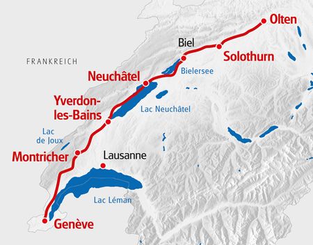  Landkarte vom Jura Suedfuss, für die Route von Olten nach Genève.