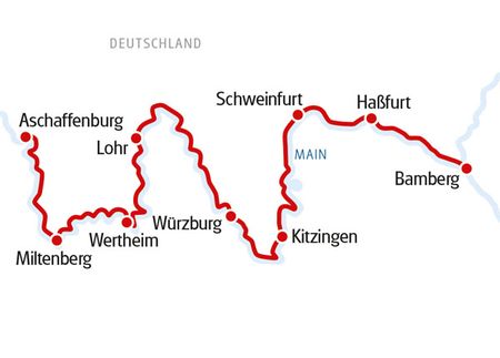 Reiseroute Bamberg- Aschaffenburg rot eingezeichnet