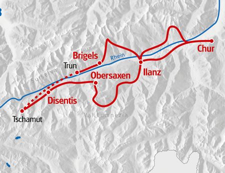 Die Velotour Vorderrhein Gravel Bike von Eurotrek startet in Chur und führt auf einem Rundweg wieder bis nach Chur.