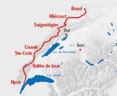 Karte, die einen Weg bon Basel nach Nyon aufzeigt