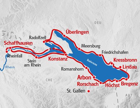 Die Velotour Bodensee von Eurotrek startet in Konstanz und führt einmal um den Bodensee herum.