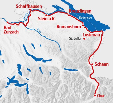 Jugi-Tour am Rhein Route in roter Farbe auf der Karte markiert.
