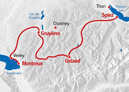 Die Velotour Seen-Route führt von Montreux über Gruyères bis nach Thun am Thunersee.