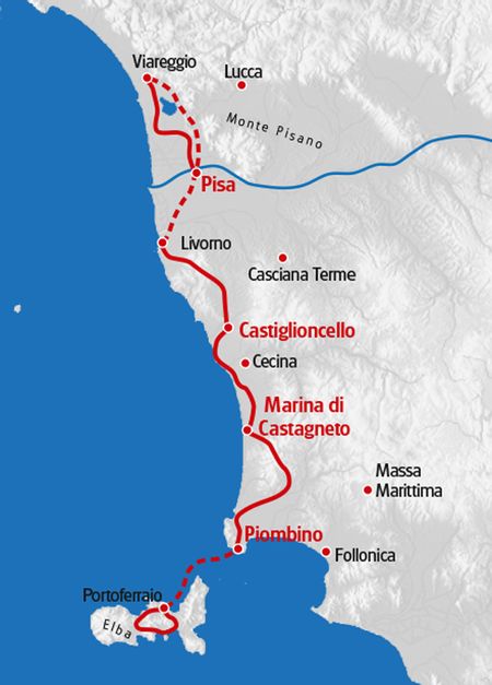 Toskanische Küste Route in roter Farbe auf der Karte markiert.