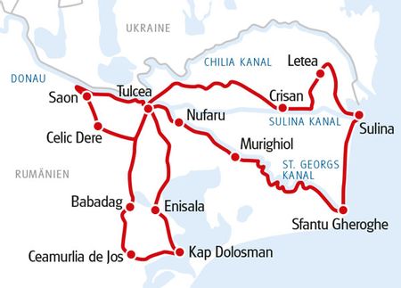 Die Route der Donaudelta ist in roter Farbe eingezeichnet.