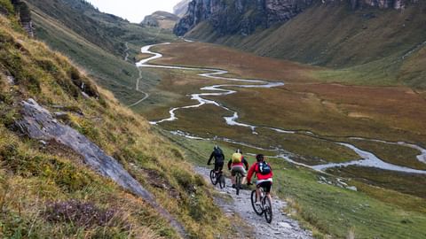 Drei Biker fahren durchs Tal auf der Alpine Bike Graubünden Route.