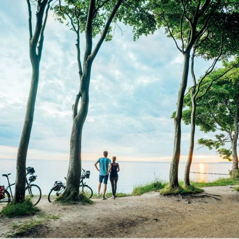 Zwei Velofahrer stehen neben ihren Fahrrädern und geniessen den Ausblick auf die Nordsee.