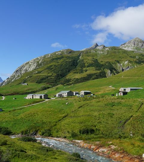 Grüne Wiesen und einige Häuser auf der Mont Blanc West Tour. Wanderferien mit Eurotrek.