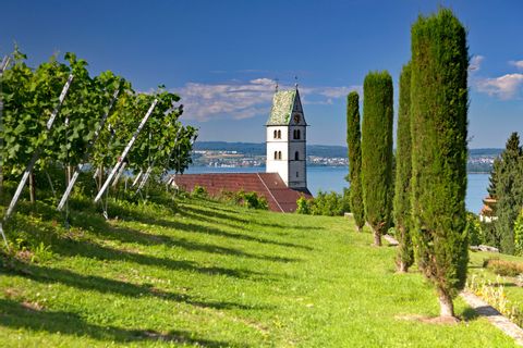 View to the church tower of Meersburg at Lake Constance