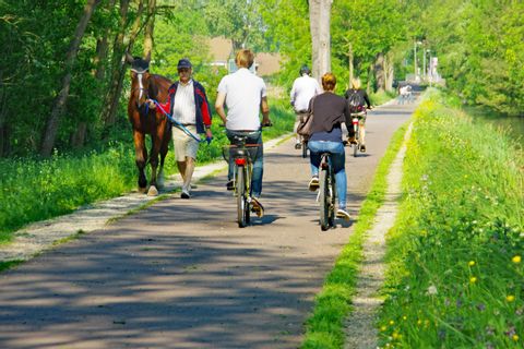 Radfahrer fahren entlang eines Kanals durch das Elsass