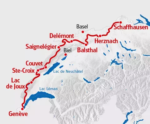 Karte der Velotour Route Verte mit rot eingezeichnet. 