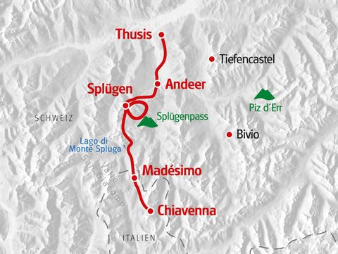 Tourenplan für die rot eingezeichnete Route von Thusis nach Chiavenna.