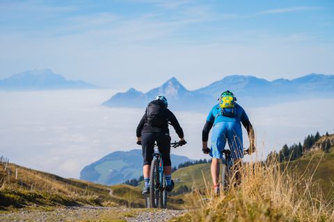 Deux cyclistes dévalant une pente. La Suisse centrale en VTT. Vacances à vélo avec Eurotrek.