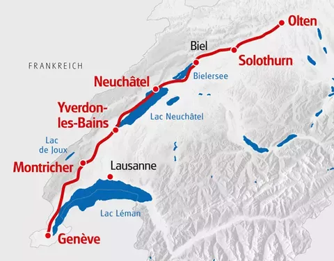 Eine Karte mit der Jura Südfuss Route eingezeichnet. 