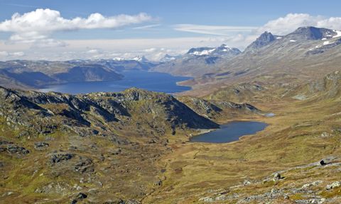 Von der Spitze des Synshorn in Norwegen sieht man hinunter auf die Landschaft und die norwegischen Seen. 
