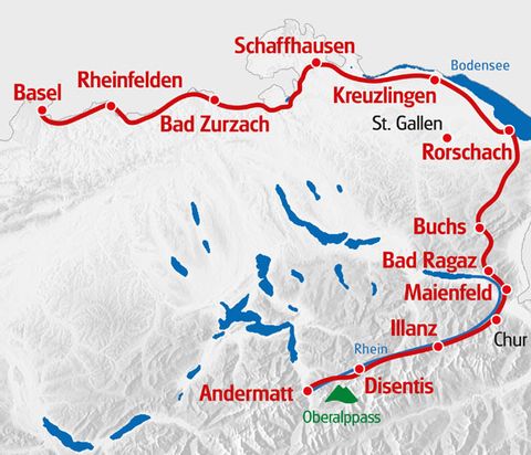 Die Eurotrek-Tour von Basel über Rorschach bis nach Andermatt führt durch Stadt und Gebirge. 