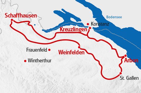 Karte Ostschweiz Rundfahrt Route in roter Farbe markiert.