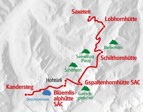 Die Alpintour Hüttentrekking Berner Oberland von Eurotrek startet in Saxeten und führt durch das Gebirge bis nach Kandersteg.