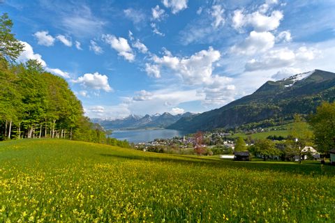 Stunning panoramic view high above lake Wolfgangsee