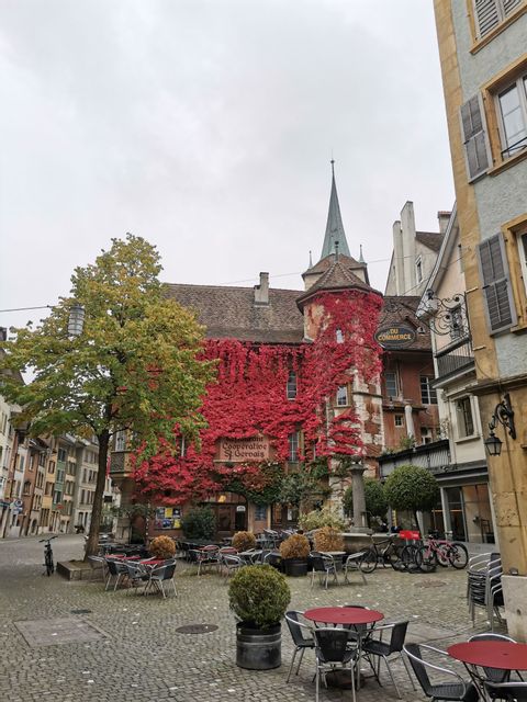 Ein Haus in der Altstadt in Biel, welches einer Kirche gleicht ist in rote Blumen und Blüten gepackt. 