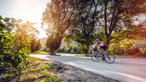 Deux cyclistes de course roulent le long d'une route à Sierre, dans le canton du Valais.