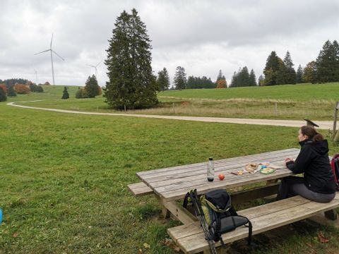 Eine Frau nimmt Picknick ein mit Windrädern im Hintergrund. 