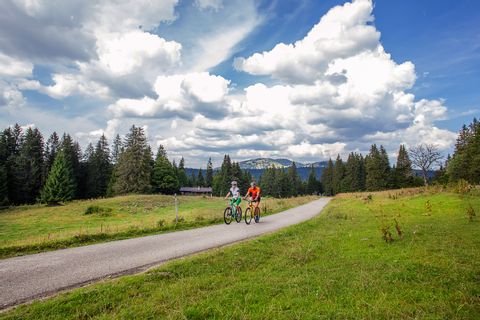 Deux cyclistes sur la piste cyclable du parc naturel dans le Jura.
