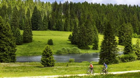 Zwei Radfahrer fahren auf den Radwegen neben einem Fluss im Jura. Im Hintergrund hat es viele Nadelbäume.