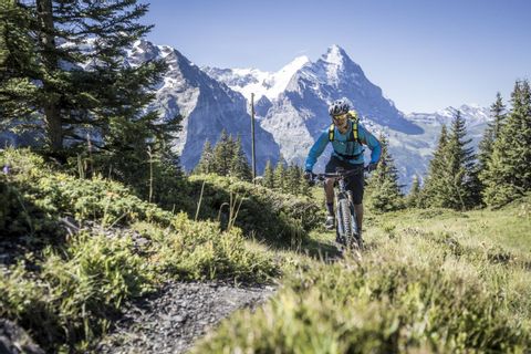 Mountainbiker fährt über eine Bergwiese mit einem fantastischen Pergpanorama im Hintergrund.