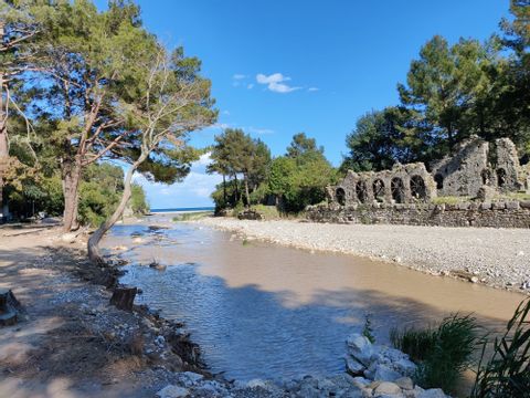 Fluss mit Bäumen am Ufer und Ruinen einer antiken Stadt im Hintergrund 