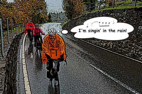 Zeichnung von drei Radfahrern mit Regenjacke im Regen unterwegs und einem Lied in den Gedanken