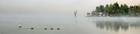 Eine feine Nebelschicht liegt über dem Lac du Joux im Kanton Waadt in der Nähe der französischen Grenze.