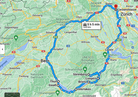 Luvi startete in Dietikon und fuhr über Interlaken und Bern wieder zurück nach Dietikon.