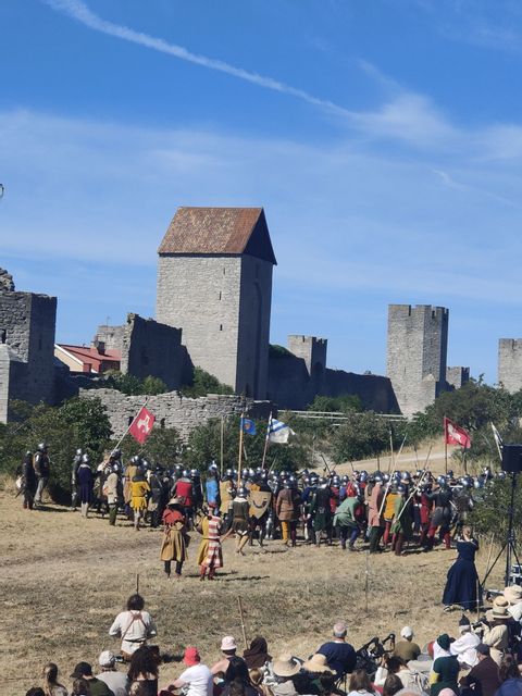 Als Ritter verkleidete Menschen stehen auf einem Feld vor einer Burg in Visby. 