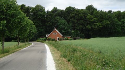 Eine einfache Landschaft. Ein Häuschen steht auf einer Wiese vor einem Wald und neben einer Nebenstrasse.