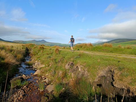 A hiker walks along a country lane in Ireland's green countryside