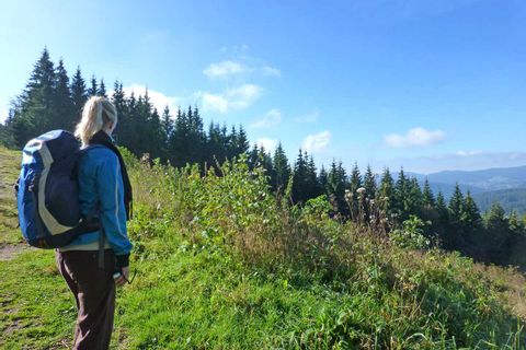 Hiker enjoys the mountain panorama