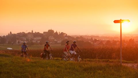 Cyclistes au soleil couchant sur la Herzroute