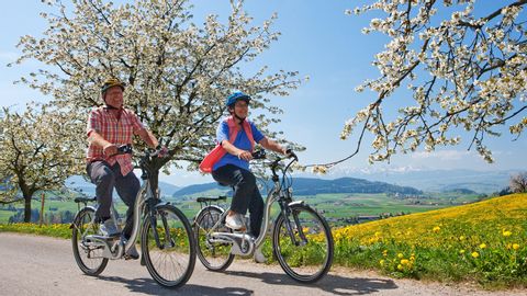 Two people enjoying their cycle tour. Heart route with e-bike. Cycling holidays with Eurotrek.