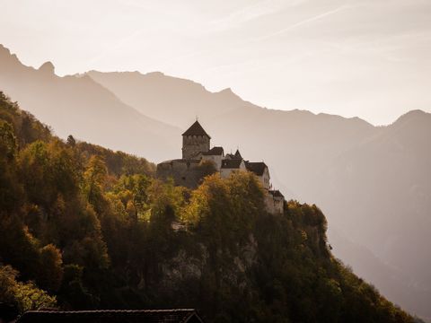 Das Schloss Vaduz steht inmitten von Wäldern im Sonnenlicht. 