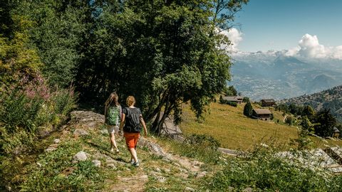 Zwei Wanderer wandern auf dem Chemin des Bisses im Kanton Wallis.