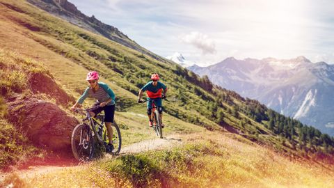 Zwei Mountainbikefahrer auf den Bikewegen im Wallis mit Blick auf das Bergpanorama.