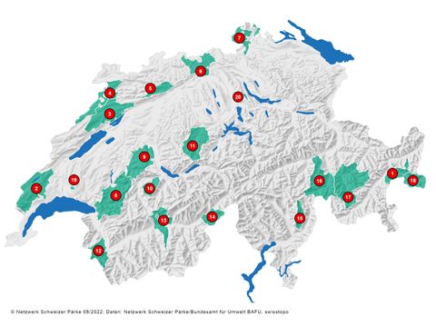 Übersichtskarte der Schweiz mit eingezeichneten Pärken, welche das Netzwerk Schweizer Pärke bewirbt. 