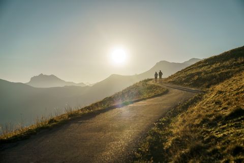 Zwei Trailrunner auf einer Strasse in den Adelbodener Bergen. 